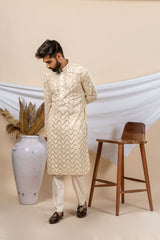 Cream Pure Viscose Georgette lucknowi Embroidery Kurta For Men