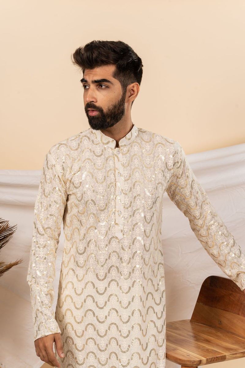 Cream Pure Viscose Georgette lucknowi Embroidery Kurta For Men