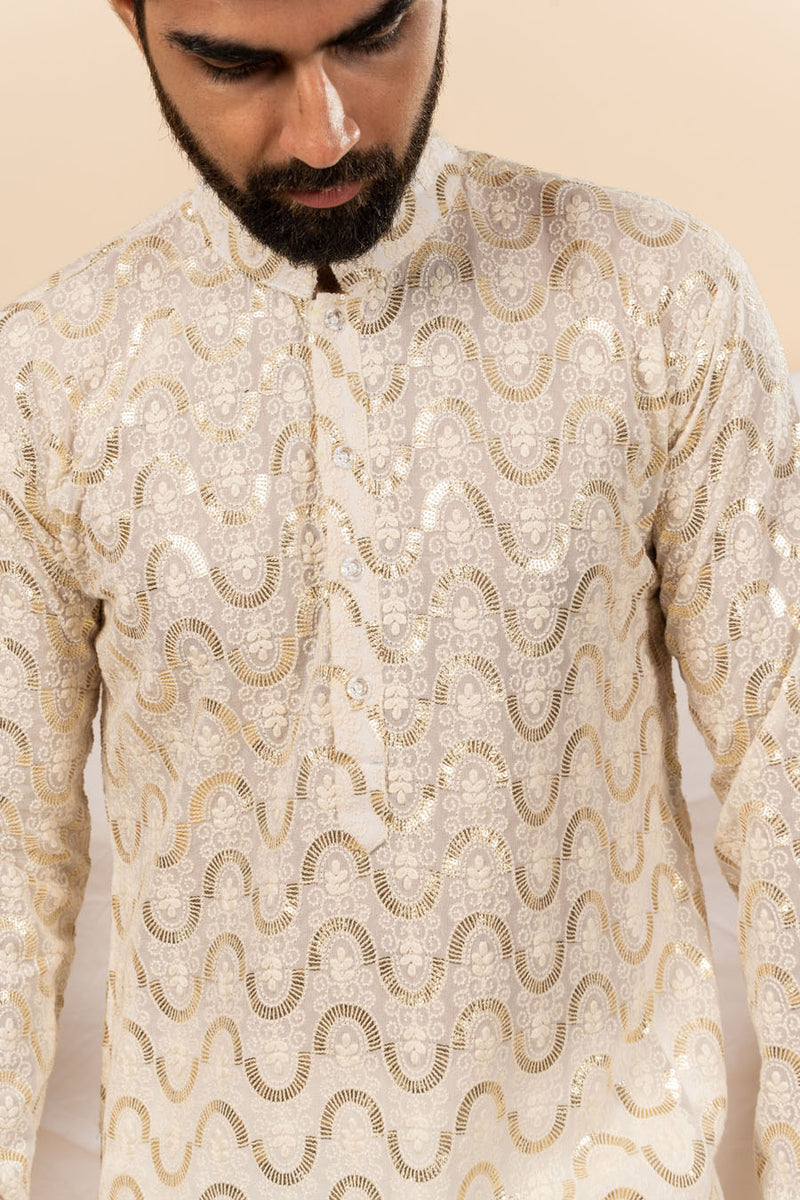 Cream Pure Viscose Georgette lucknowi Embroidery Kurta For Men