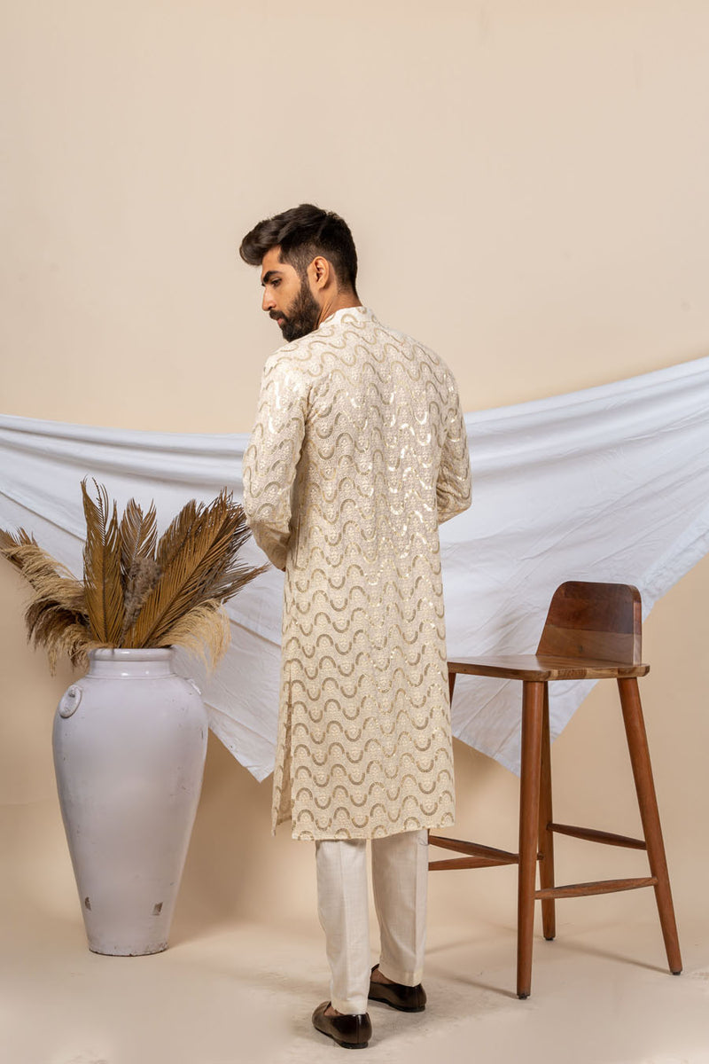 Cream Pure Viscose Georgette lucknowi Embroidery Kurta For Men