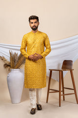 Mustard Yellow Silk Embroidery Kurta For Men (Flower Design)