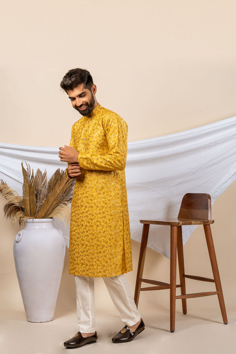 Mustard Yellow Silk Embroidery Kurta For Men (Flower Design)