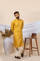 Mustard Yellow Silk Embroidery Kurta For Men (Flower Design)