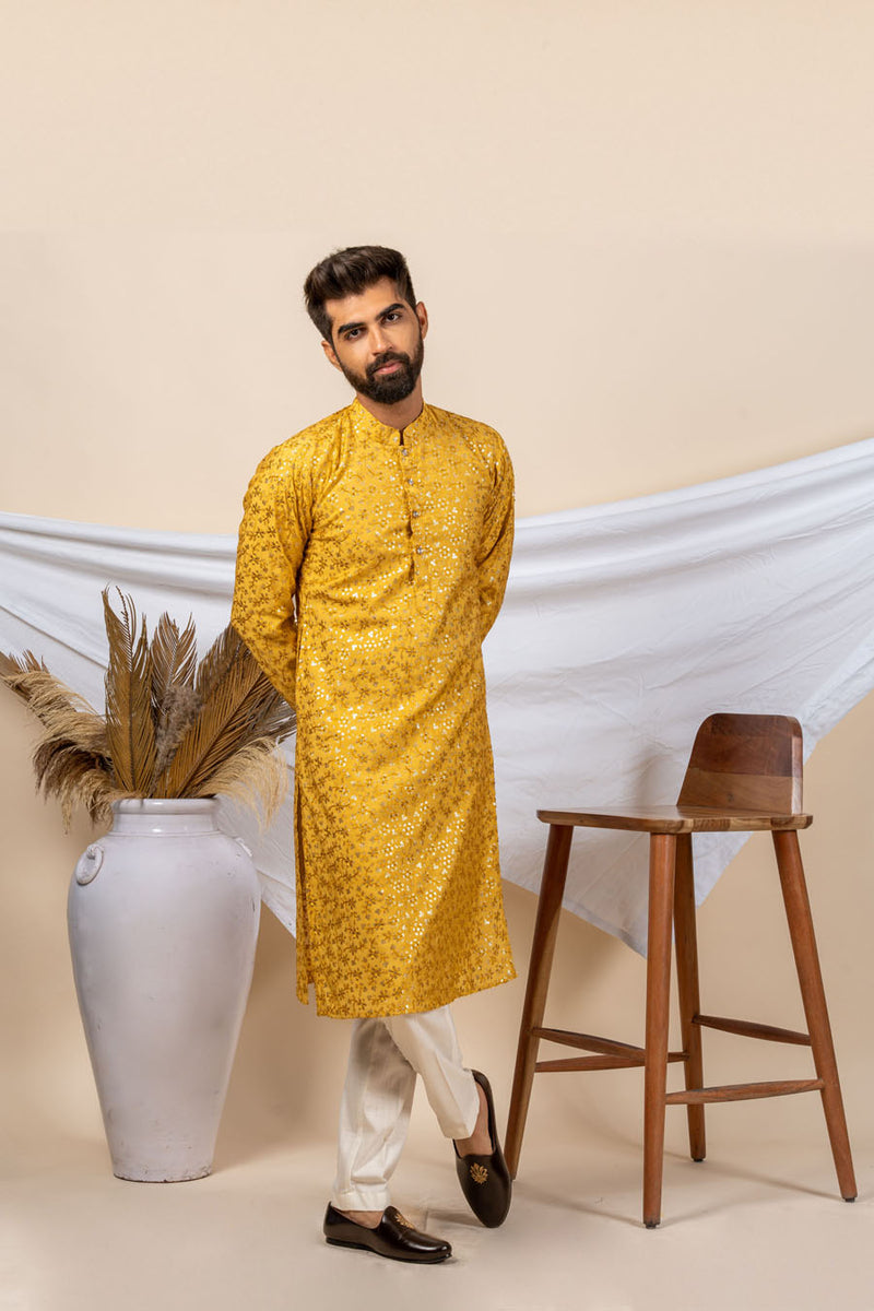 Mustard Yellow Silk Embroidery Kurta For Men (Flower Design)