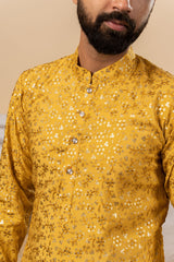 Mustard Yellow Silk Embroidery Kurta For Men (Flower Design)