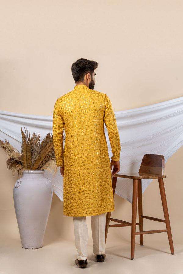 Mustard Yellow Silk Embroidery Kurta For Men (Flower Design)