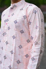 Pink Pure Silk Embroidery Kurta For Men