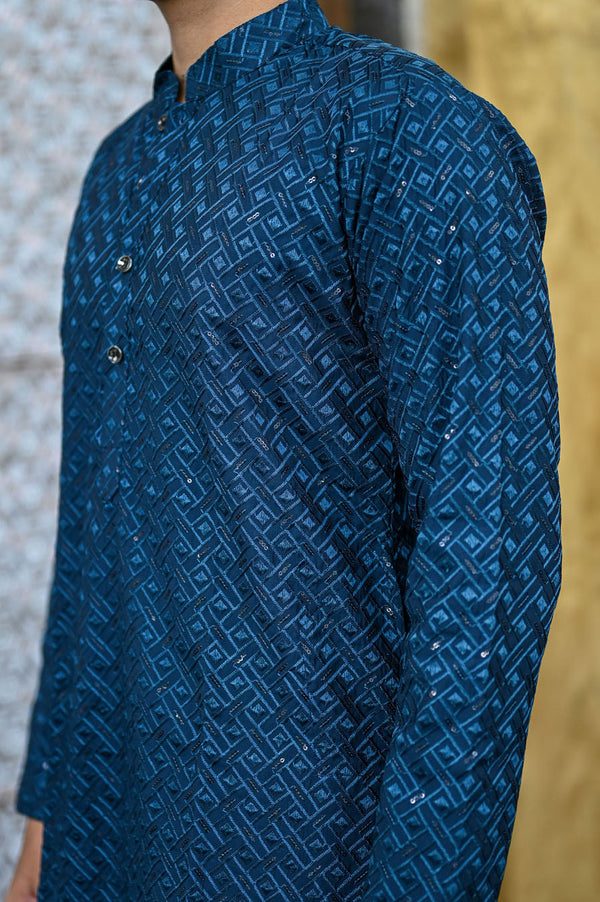 Blue Fendi Silk Embroidery Kurta For Men