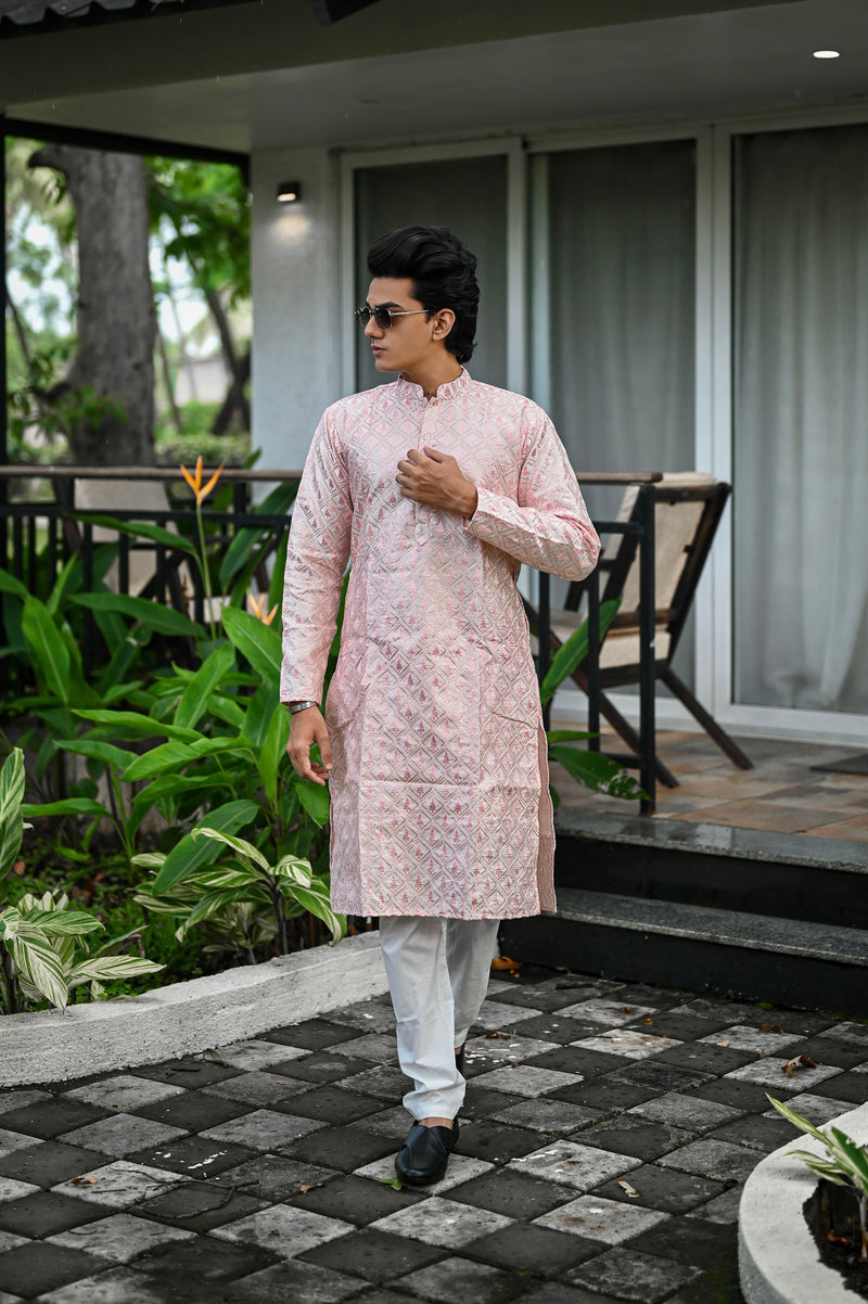 Peach Pure Silk Embroidery Kurta For Men