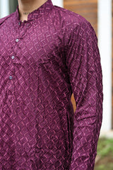 Wine Fendi Silk Embroidery Kurta For Men