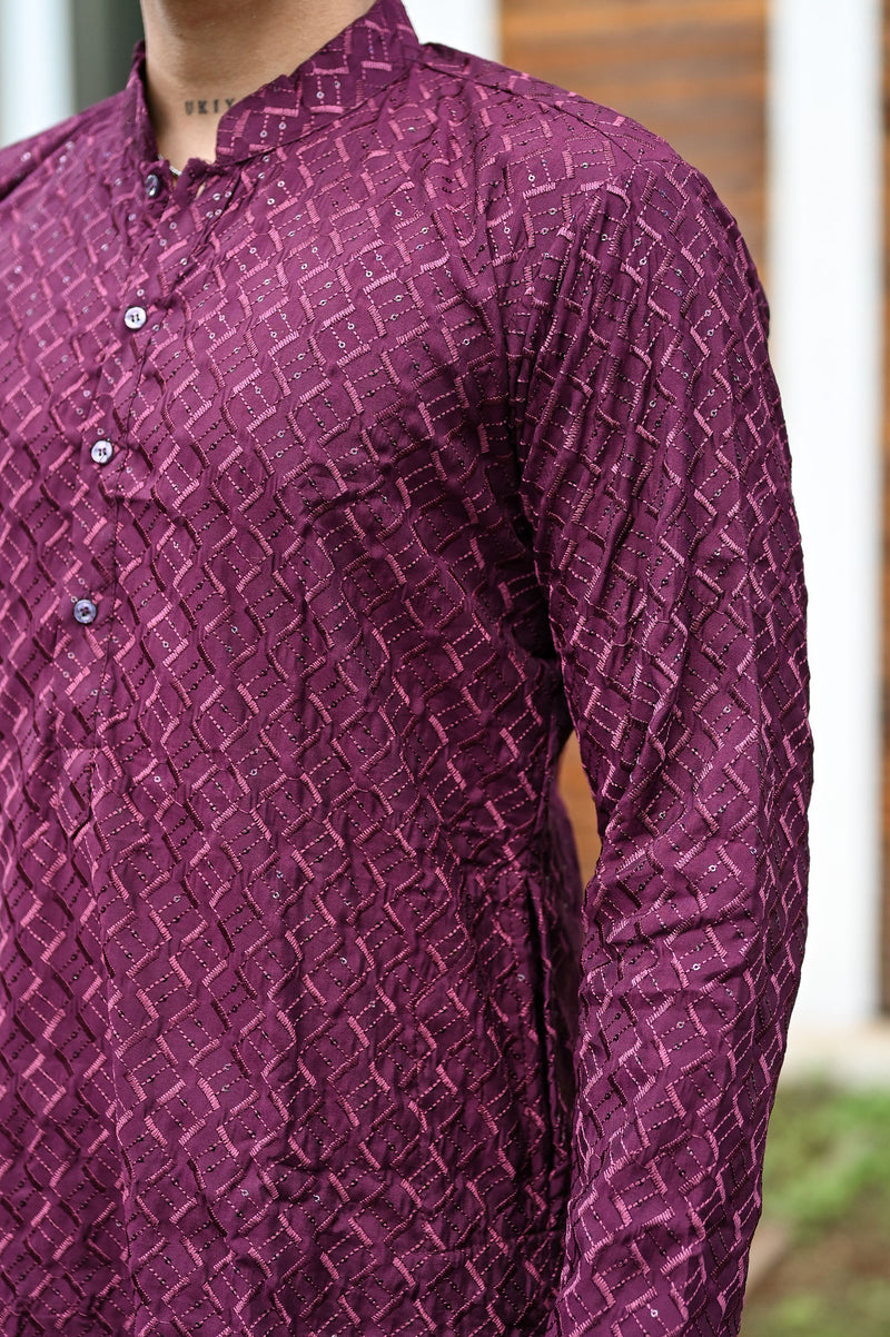 Wine Fendi Silk Embroidery Kurta For Men