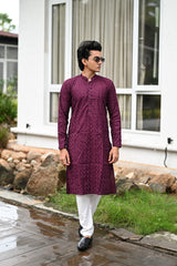 Wine Fendi Silk Embroidery Kurta For Men