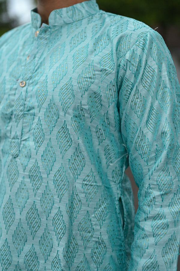 Firozi Pure Silk Embroidery Kurta For Men