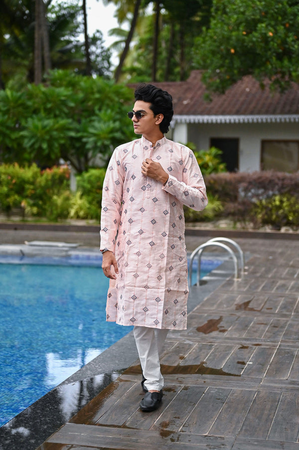 Pink Pure Silk Embroidery Kurta For Men