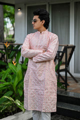 Peach Pure Silk Embroidery Kurta For Men