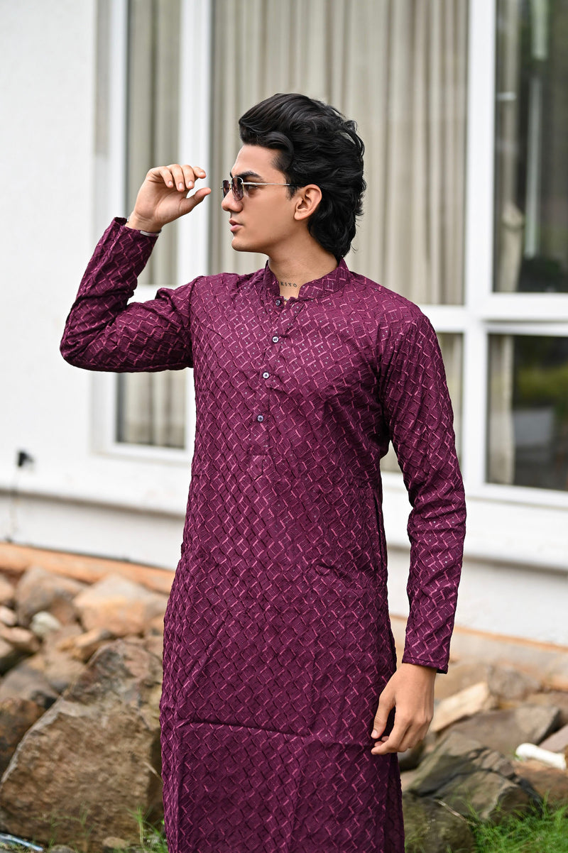 Wine Fendi Silk Embroidery Kurta For Men