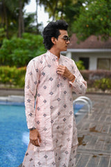 Pink Pure Silk Embroidery Kurta For Men