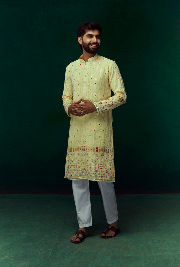 Yellowish Georgette Multicolor Thread Embroidery With Mirror Work Kurta For Men